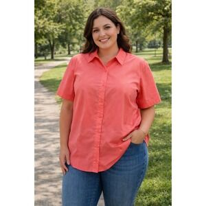 Womens 1X Coral Button Up Shirt Short Sleeve Camp Shirt NWT Basic Editions